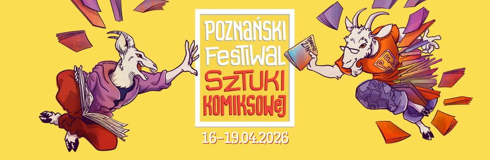 Żółty baner wydarzenia z wizerunkami komiksowych koziołków.