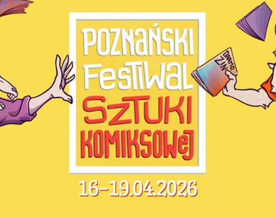 Żółty baner wydarzenia z wizerunkami komiksowych koziołków.