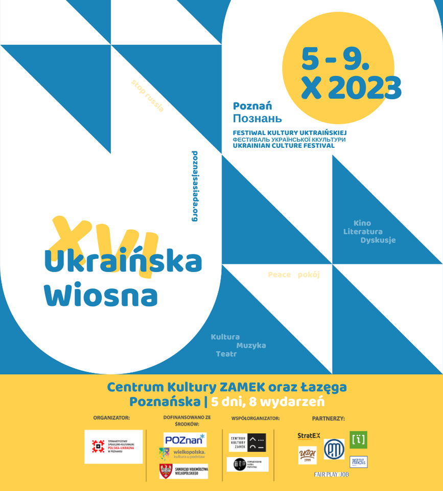 Poster with information about the festival in blue, yellow and white colours