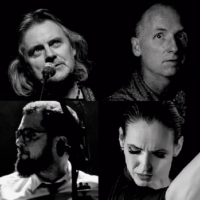 Black and white picture divided into four smaller pictures: faces of four performers