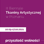 Poster of the event - white captions with information about the biennaleon purple background