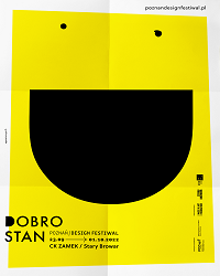 Festival poster: on yellow background black elements forming a smiling face and information about the festival.