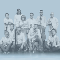 A white and blue photograph of musicians: one woman and ten men, some holding musical instruments.