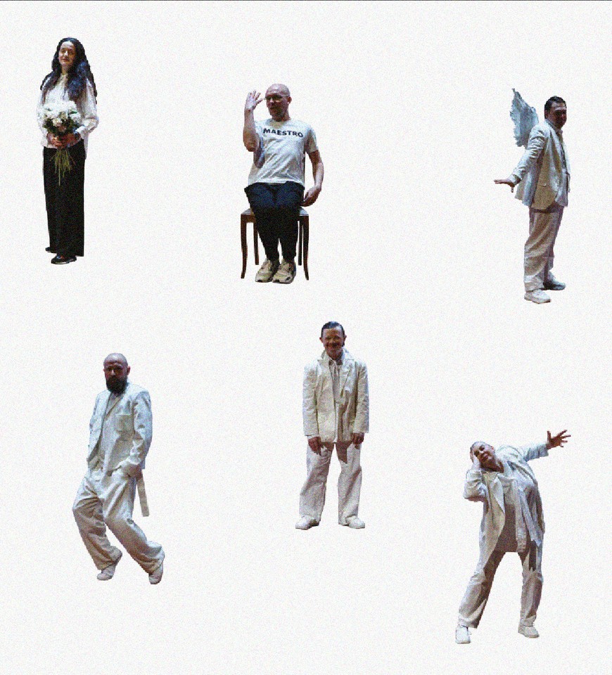 A collage on a white background depicting several cutout silhouettes of people in bright, primarily white clothing, depicted in various poses: standing, sitting in a chair, making hand gestures and expressive body movements. The figures are positioned separately, without a shared background.
