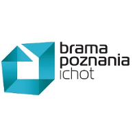 Black text "Brama poznania ichot" and blue drawing of a geometric figure resembling a cube; white background.
