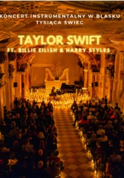Concert poster in orange colours - a hall full of candles. In the middle a piano and a man sitting by it.