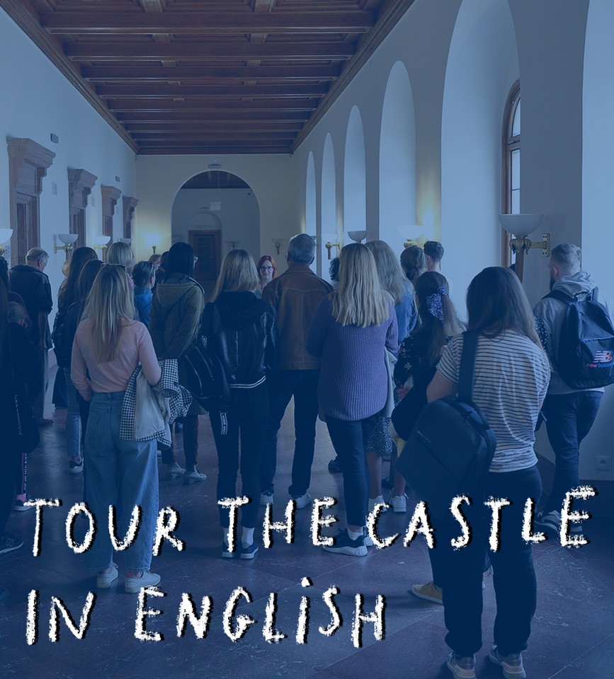Photo of a group of people sightseeing in the Castle's corridor.