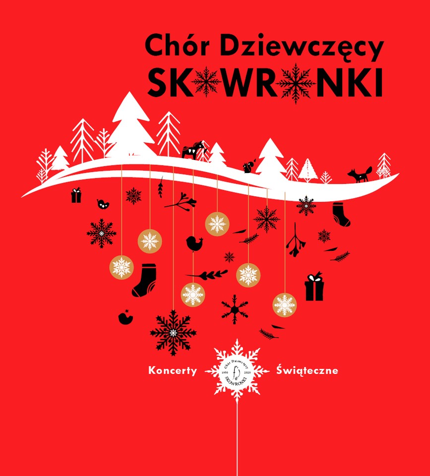 Concert poster in red, white, black and beige colours with Christmas and winter elements.