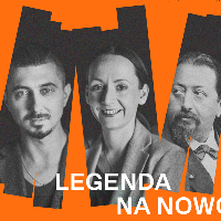 Concert poster - black and white photos of the artists on orange background.
