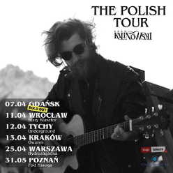 BLack and white photo of a man with a guitar and information about concert tour.