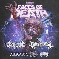 Concert poster - a scary creature with a raised hand. The title of the tour on the top of a poster and the names of the bands at the bottom of it.