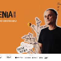 Picture of the artist among flowers on orange background.