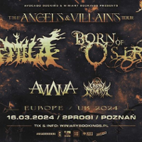 Concert tour poster with bands' names and information about concerts.