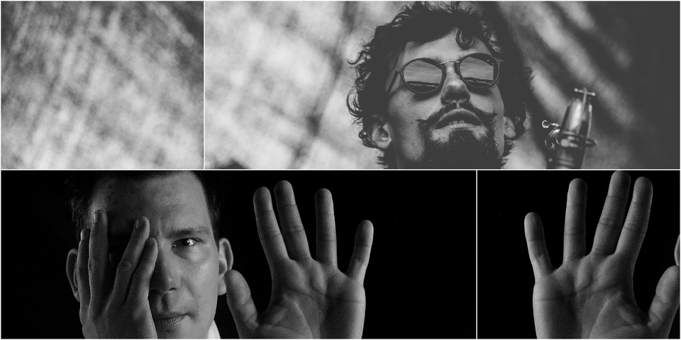 Black and white picture divided into two parts. On the right top of the photo a face of a man in sun-glasses, on the left down of the photo a half of a man face and his left palm of hand