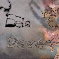 The graphic features a gray background with irregular pink shapes. Black inscription "bela" and gray "Zaumne".