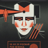 Concert poster: drawing of a face in black, red and white colours.