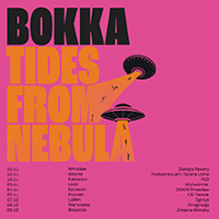Poster in pink, orange and black colours with information about the concert tour.