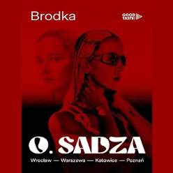 Concert poster in red colours: double photo of Brodka and information about the concert tour.