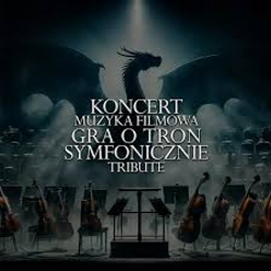 Gray and black poster: a dragon over a scene with musical instruments. In the middle the title of the concert.