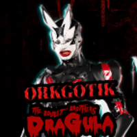 Event poster - title of the event and a photo of a person in a disguise and a mask on face.