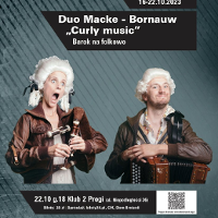 Photo of two musicians with musical instruments. Both people are wearing baroque wigs.