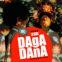 Poster with information about the event in a red circle; in the background - photo of two people.