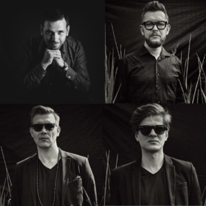 Picture divided into four black and white photos of the musicians taking part in a concert.
