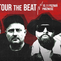 Concert poster with black and white photo of two men. Information about the concert above the photo. Red background.