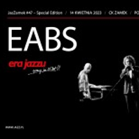 Concert poster - black and white photo of the musicians and the title of a concert in white with "Era Jazzu" inscription in red.