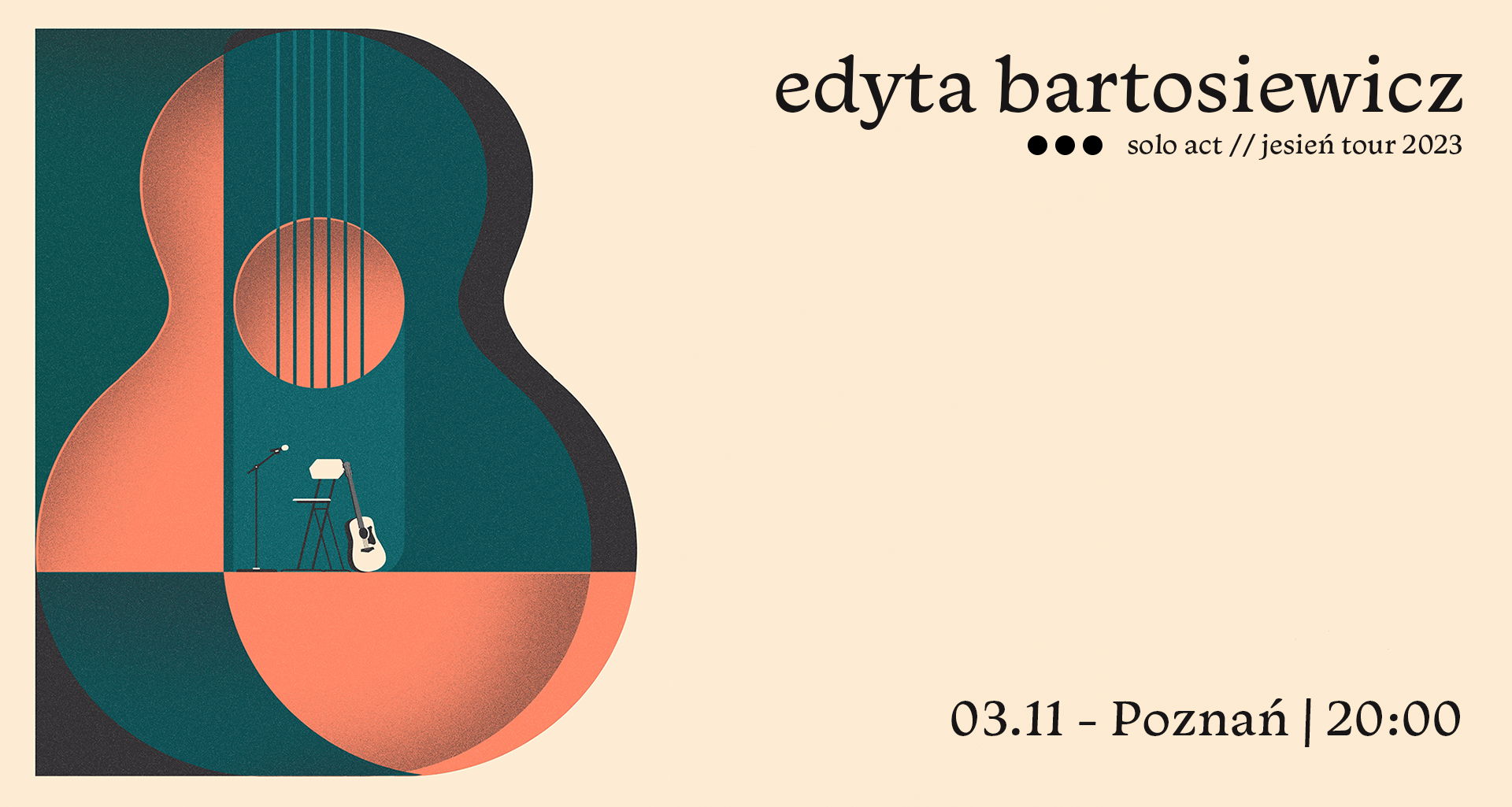 Concert poster: drawing of the guitar in green and brown colours.