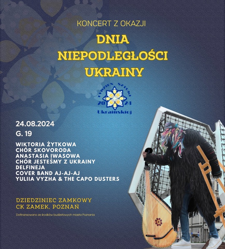 Event poster with information about the event and a photo of a person carrying wooden musical instrument.