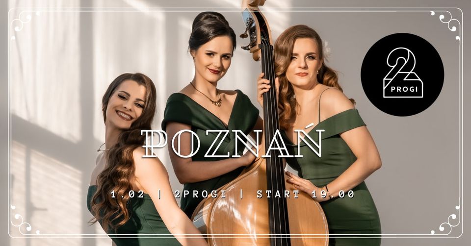 Three women in green dresses (one of them is holding a cello) and information about the event.