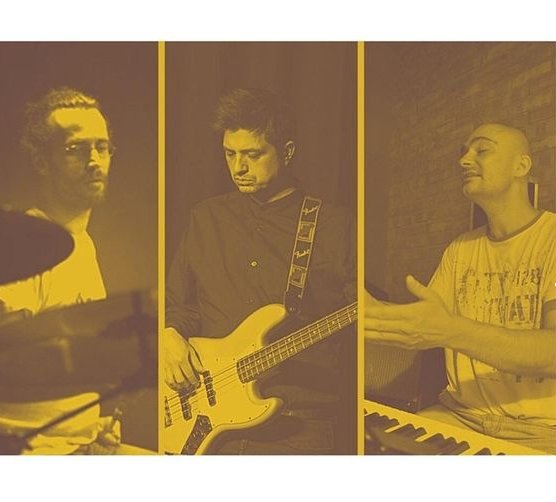 Photo of the band - three separate photos of band members with their musical instruments.