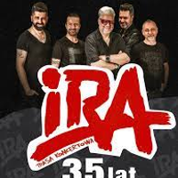 Concert poster: photo of the band and big, red inscription "IRA".