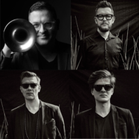 Black and white photos of the band members