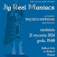 Concert poster in blue and white colours: information about the event and photo of a man in Scottish clothes playing the bagpipes.