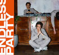 Photo of three men: one is sitting in front of a sideboard, one is laying on it and one is standing behind it. On the left side the title of the concert tour.