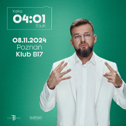 Photo of a young men in white suit. On the left - information about the event, green background.