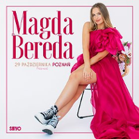 Concert poster: photo of Magda Bereda sitting in a dark pink dress on a chair, on the left information about the event.