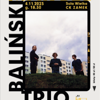 The graphic shows a photo of three smiling men in a black frame. Behind them are apartment blocks. There is a yellow and black inscription around the frame: "Marcel Baliński Trio".