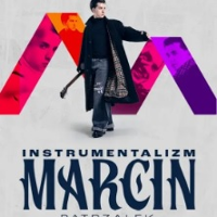 Concert poster - photo of Marcin Patrzałek, behind him colourful letter "M". Title of the concert at the bottom of the page