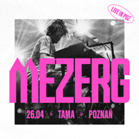 Concert poster - black and white photo of the artist and pink inscriptions - information about the concert