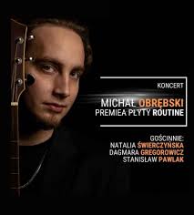 Photo of MIchał Obrębski's face and information about the event, black background.