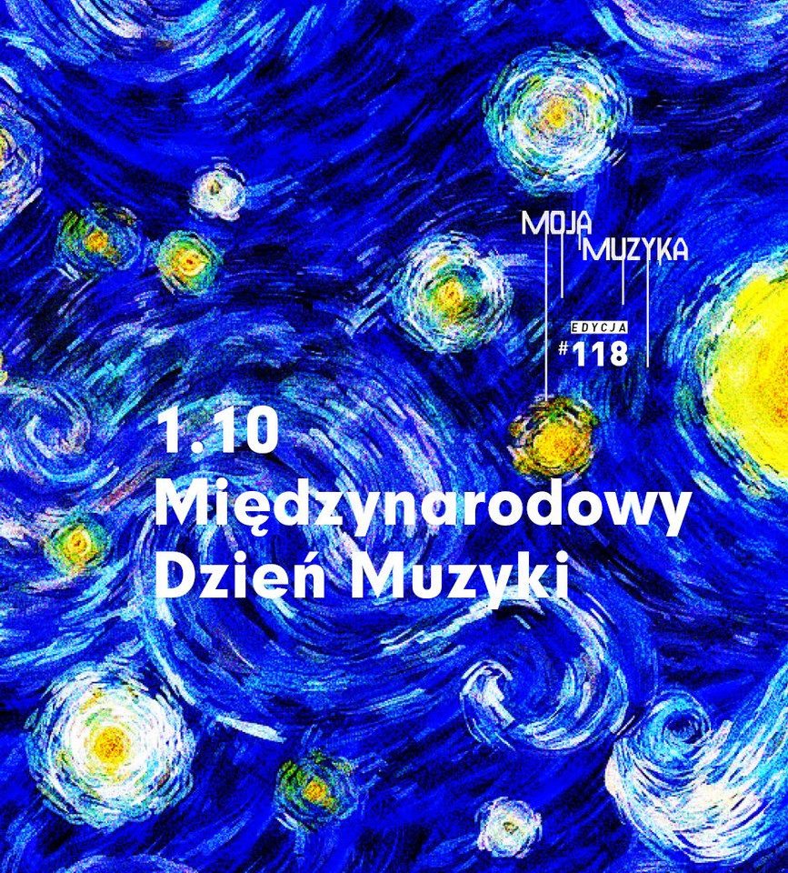 Concert poster: yellow circles on blue background and information about the event.