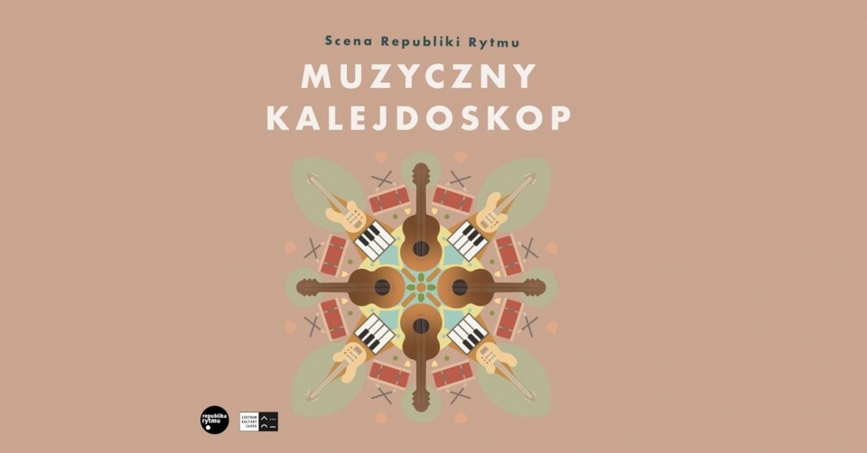 Concert poster in light brown colours: various musical instruments in a circle