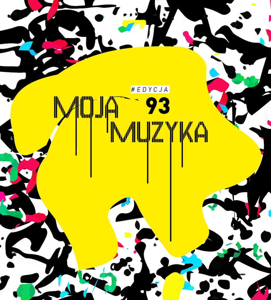 Concert poster - the inscription "Moja muzyka 93" on big yellow spot; some other smaller colourful spots as a background