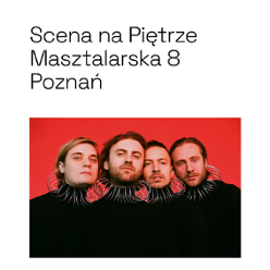 Photo of four men head by head, red background.