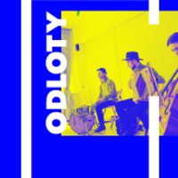Concert poster in blue and yellow colours with photo of the band members playing instruments.