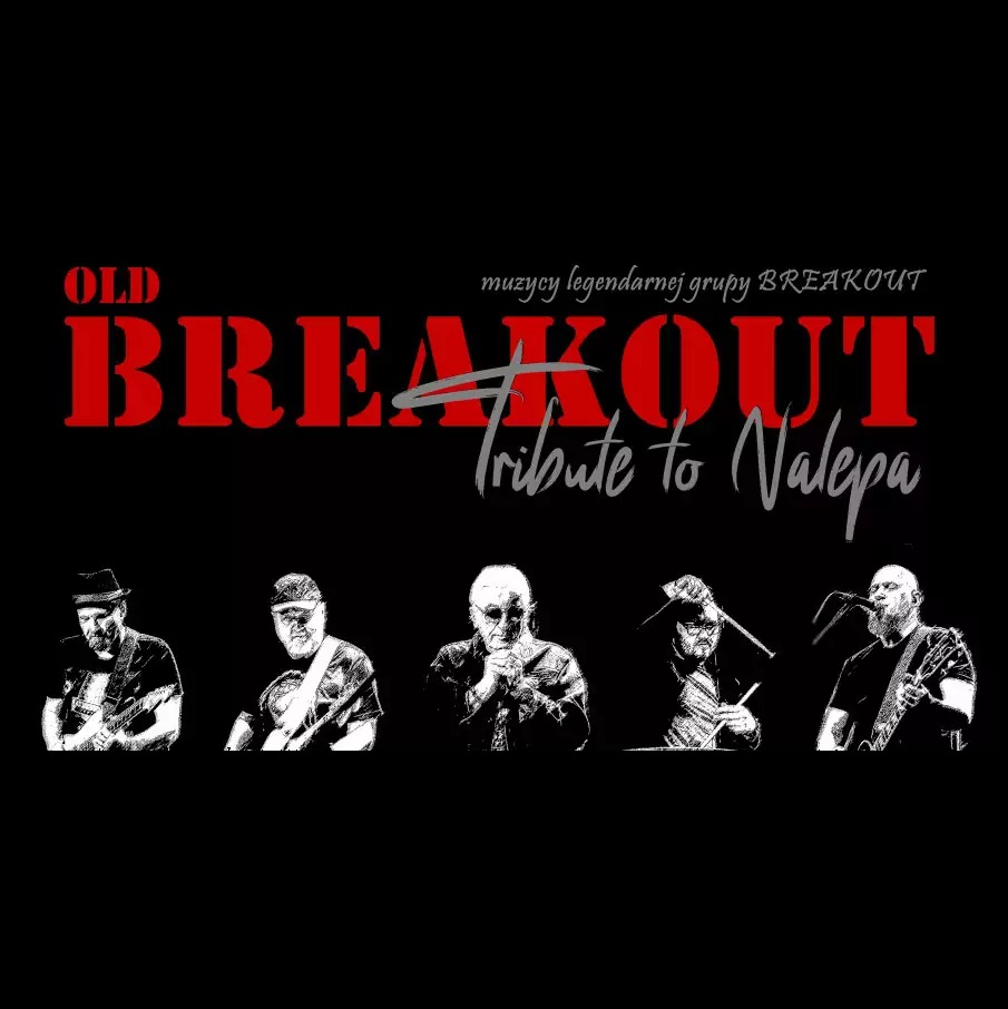 Concert poster: black and white photo of musicians and red text - the band's name.
