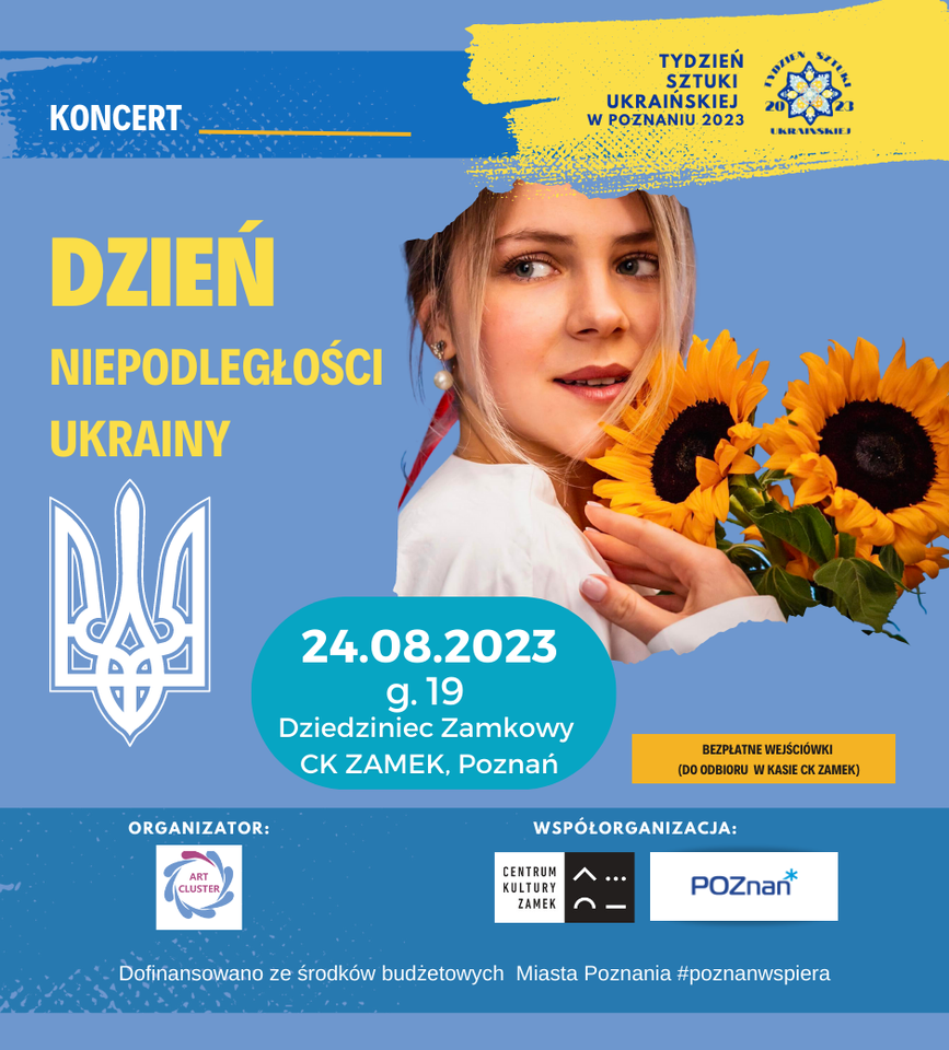 Concert poster with information about te event and a photo of a young woman holding sunflowers.